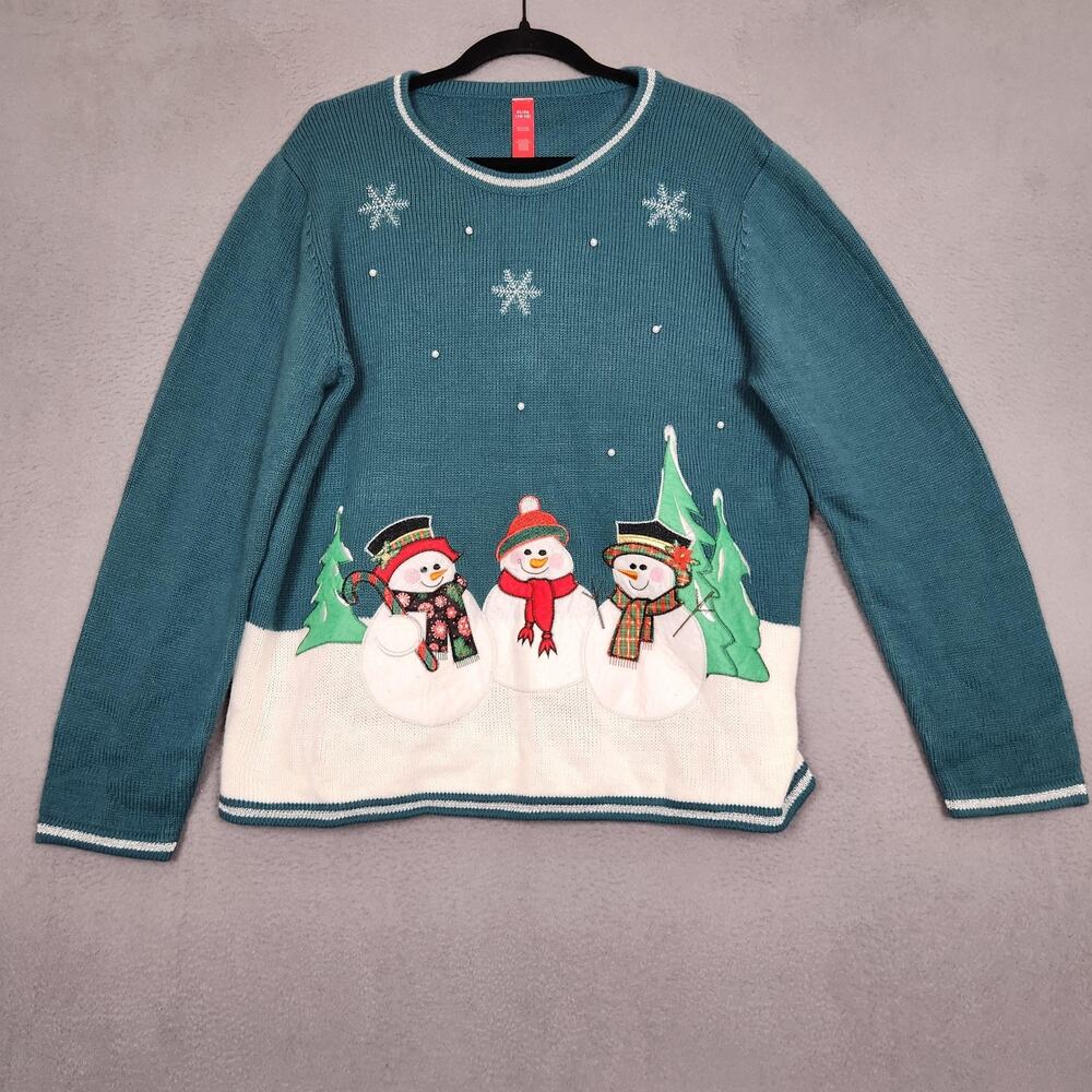 Snowman Christmas Sweater Womens XL Teal 3D Applique Holiday Ugly Knit